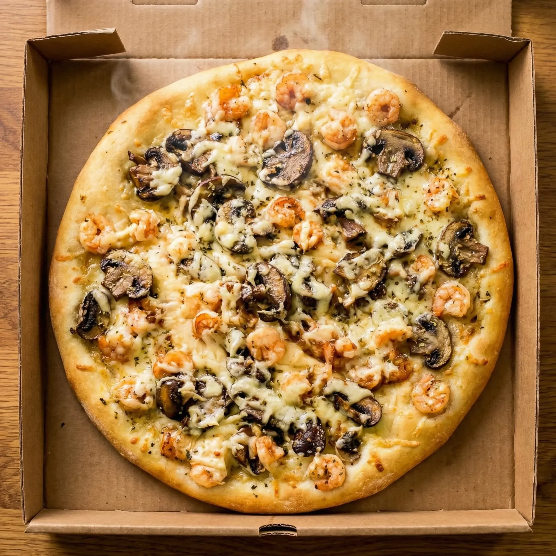 Shrimp and Mushroom Pizza - Signature dish at Acadia Pizza Calgary